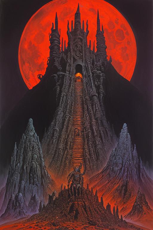 A nighttime scene with a person standing in front of a dark, spooky mountain with a red moon in the background.