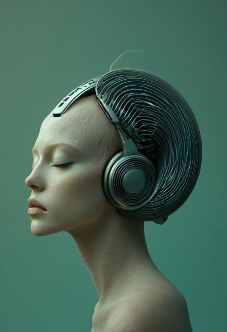 This image is a highly detailed, digital artwork in a surreal, futuristic style. The subject is a humanoid figure with an androgynous appearance, depicted in an ethereal, almost otherworldly manner. The figure has a smooth, pale skin and a slender, elongated body with a pronounced, high forehead and closed, serene eyes. The skin has a subtle, iridescent sheen, giving it an almost luminescent quality.
The figure's head is adorned with futuristic, large, spiral-shaped headphones that are integrated seamlessly into the body, blending with the skin texture. The headphones spiral around the head, with the largest spiral positioned behind the ear, suggesting a high-tech, cybernetic element. 
A delicate, pale pink flower is situated on the right side of the head, adding a soft, natural element to the otherwise high-tech aesthetic. The figure's hair, or perhaps an extension of the headphones, is a flowing, ethereal substance that appears to be a blend of organic and mechanical textures, transitioning from a delicate, flower-like structure at the head to a more fluid, ribbon-like form that extends down the back.
The background is a gradient of soft, muted teal shades, enhancing the otherworldly, futuristic atmosphere.