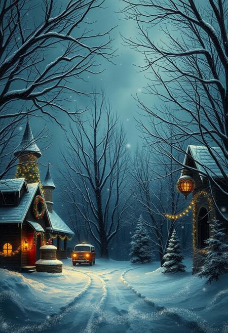 Surreal, minimalism, winter holidays oil, filigree, full-lenth view, dynamic, ultra hd, chiaroscuro light, vivid color, professional photo, ultra sharp