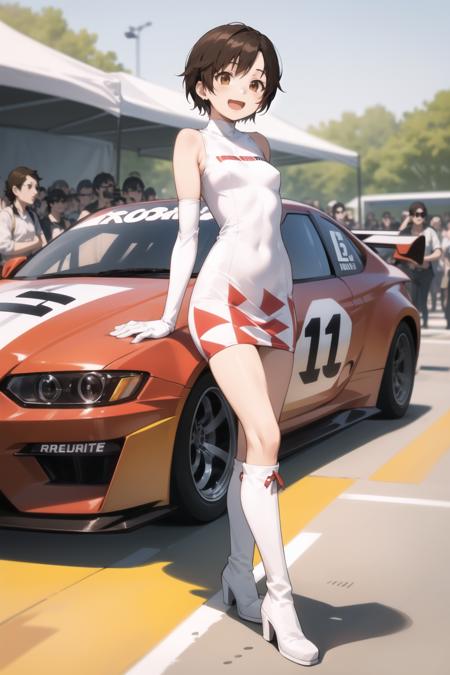 <lora:reiko-000030:1> reiko, brown eyes, white dress, short dress, race queen, elbow gloves, white footwear, knee boots,
small breasts,
1girl, standing, checkered flag, racecar, race, starting line, excited