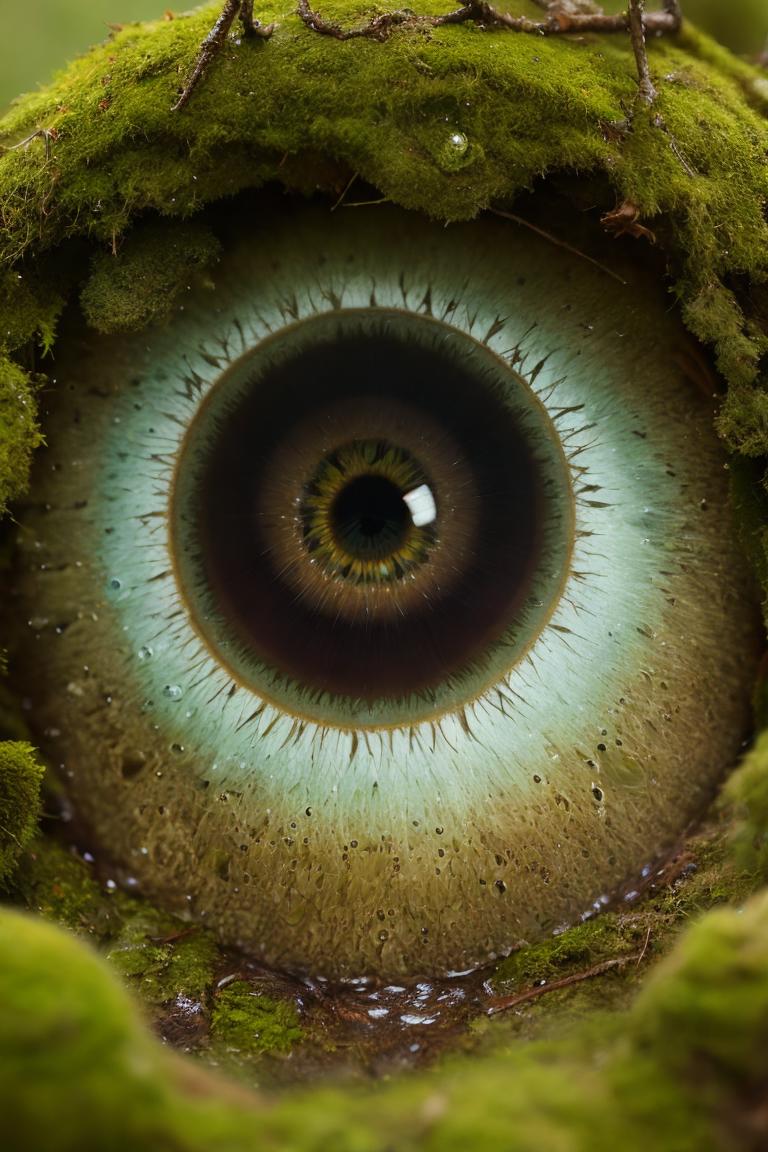 macro photography, moss, water particles, intricate, fascinating and beautiful, eyeball amidst mossy rocks, scary picture