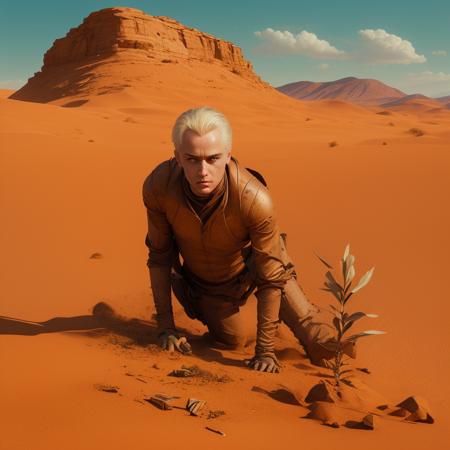 draco malfoy is harvesting spice in a stillsuit on the desert plant arrakis, DUNE, sandworm, <lora:Draco Malfoy v1.0:.71>