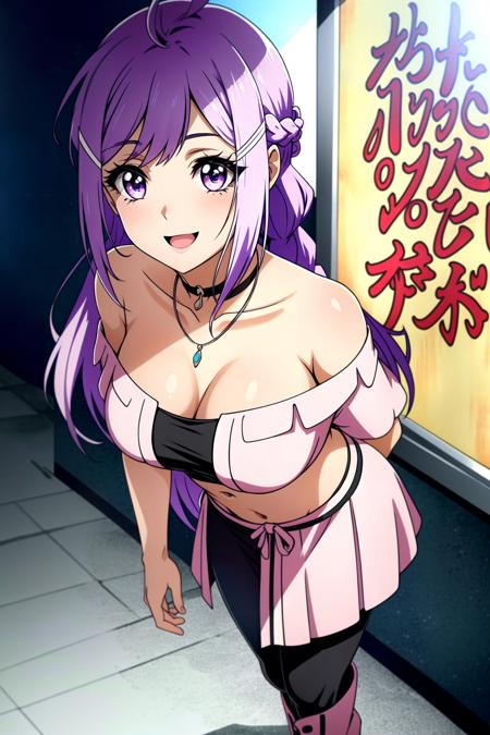 <lora:last:1> Xia Zitong, breasts, dress, cleavage, 1girl, very long hair, floating hair, open mouth, jewelry, smile, :d, hair ornament, pink dress, necklace, medium breasts, arms behind back, collarbone, braid, lisbeth (sao), purple eyes, off-shoulder dress, upper body, off shoulder, shiny hair, asuna (sao), pink hair, bangs, ribbon, purple hair, shiny, french braid, Beautiful Detailed Eyes, ((Standing, leaning over)), (((crop top dress, Black Leggings, Boots,))) upper body, hallway, perfect lighting, ((shining face, shining body)), seductive look, perfect face, make up, eye shadow, gloss lips ((mature_woman)), ((adult woman)), ((gorgeous)), (iluminated face),(perfect quality), Extremely beautiful, perfect, hour glass body, (masterpiece:1.2), (best quality:1.2), cinematic, perfect skin, perfect lighting, textured skin, detail, beauty, wonder, sharp focus, ultra-detailed, illustration, perfect face, ((gorgeous)), Extremely beautiful, perfect, detailed background, alluring, standing, (detailed background, intricate background:1.1), beautiful, ((Extremely Detailed)), ((Best Quality)), ((Masterpiece)), ((4k))