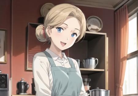 <lyco:Naokianime1-08:0.8> 1girl, solo, looking at viewer, smile, open mouth, blue eyes, blonde hair, :d, indoors, hair bun, apron, cup, window, single hair bun, mature female