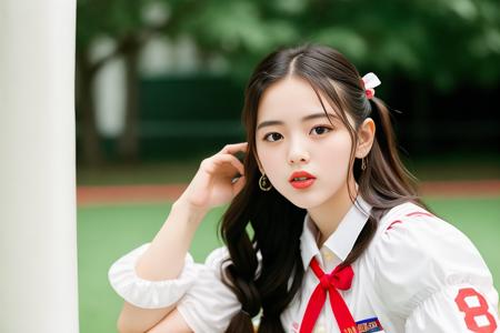 RAW photo, 1girl, yangchaoyue_asian_v1, schoolgirl, pale skin, (white uniform), (red lips), long hair, (white stockings:1.2), soccer field, (high detailed skin:1.2), 8k uhd, soft lighting, high quality, film grain, Fujifilm XT3