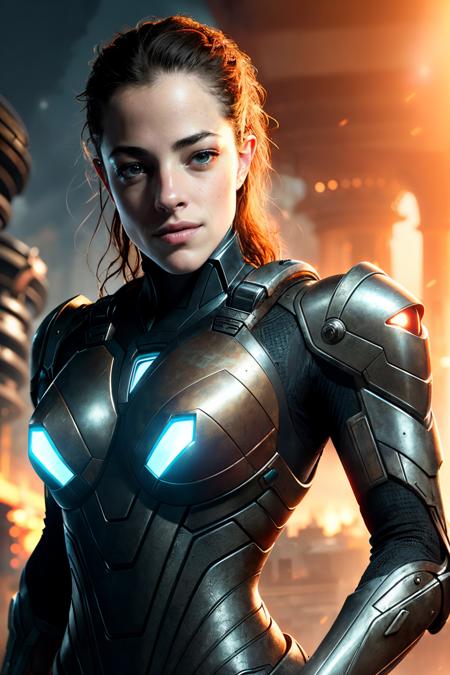 oliviat, ((best quality)), ((masterpiece)), (detailed), Midjourney Style, close-up, woman, robot, red eyes, concept art, inspired by Marek Okon, digital art, Crysis Nanosuit, futuristic, (glowing elements:1.1), 4:3 aspect ratio, dynamic duo