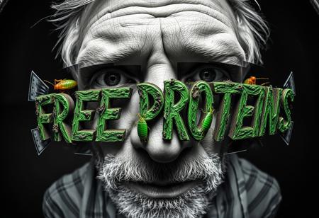 “A black-and-white abstract dystopian photograph captured with a cinema-grade 12mm fisheye lens, creating a warped, immersive perspective that distorts reality. The close-up portrait of a rugged 50-year-old rural man reveals his face fragmented into disjointed rectangular sections, with his eyes, nose, mouth, and skin displaced in chaotic randomness. Within the fractured gaps, oversized crickets, their bodies in vivid green and orange, emerge, their sharp legs and antennae contrasting sharply against the monochrome tones. These crickets crawl and twitch, adding an unsettling movement to the scene. Scrawled across the composition in decayed, rotten lettering, the phrase ‘FREE PROTEINS’ oozes in a grim shade of green, amplifying the surreal, dystopian feel. The intense chiaroscuro lighting casts deep shadows, highlighting the crickets’ unnatural hues and enhancing the disturbing, nightmarish quality of the image.”