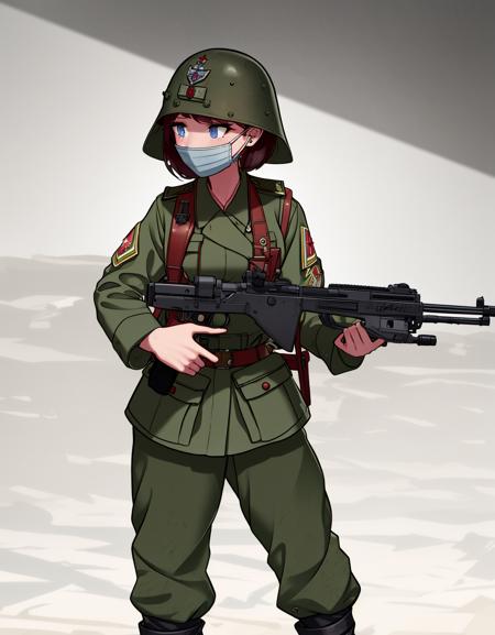 wargirls, 1girl, world war ii, surgical mask, war, holding handgun, pistol, anfry, masterpiece, best quality, very detailed, helmet, full body, dynamic pose,  <lora:wargirls:1>