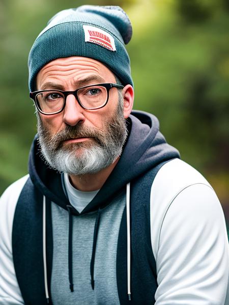 photo of (LuckyHank:0.99), a bearded man wearing glasses, wearing a black hoodie, with a red, with a white striped beanie,  detailed face, realistic skin, high quality, (brown eyes:1.1), Leica 50mm, f1. 4, natural light, grainy, (high detailed skin:1.2)