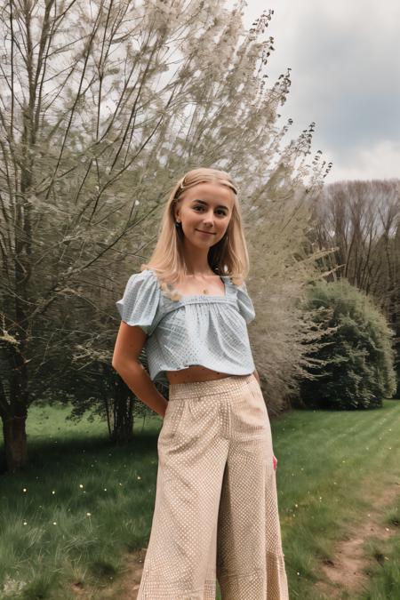 RAW photo of smillacryss, Polka dot blouse and wide-leg culottes for a picnic in the countryside, (high detailed skin:1.2), 8k uhd, dslr, soft lighting, high quality, film grain, Fujifilm XT3, <lora:smillacryss:1>