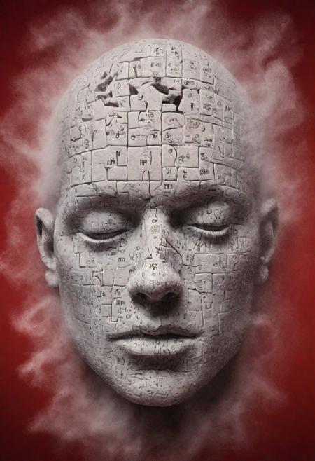 white dust in the air creating a almost hollow silhouette shaped like a human head, (crosswords tattoo: 1.3), a red background,  highest resolution, 8k, best quality