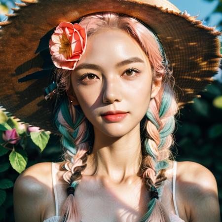 <lora:caomao:0.8>1girl, hat, solo, braid, twin braids, flower, straw hat, looking at viewer, freckles, multicolored hair, pink hair, pink flower, upper body, breasts, hat flower, bare shoulders, long hair