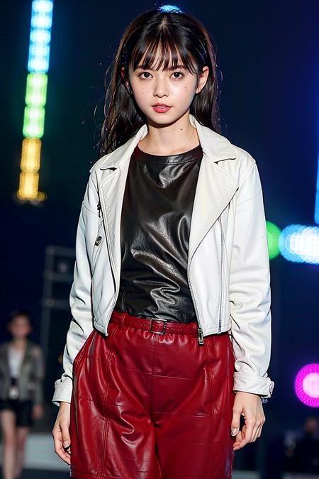 masterpiece, best quality, 1girl, aqua eyes, black hair, closed mouth, multicolored background, looking at viewer, outdoors, solo, upper body, alluring, clean, beautiful face, pure face, pale skin, sexy pose,((Leather jacket)), ((short hair)),  ((perfect female figure)), mature female, milf, narrow waist, chinese deity, seductive, highly detailed,best quality, masterpiece, highres, original, extremely detailed 8K wallpaper,masterpiece, best quality, illustration, beautifully detailed eyes, cinematic lighting, catwalk \(walkway\),