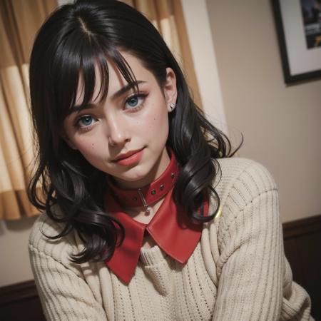 solo, photorealistic, best quality, ultra high res, long curly black hair, big blue eyes, cheerful expression, curvy figure,((((red collar)))),sweater beautiful, masterpiece, best quality, extremely detailed face, perfect lighting, solo,1girl, best quality, ultra high res, photorealistic, ultra detailed, masterpiece, best quality, suzy1