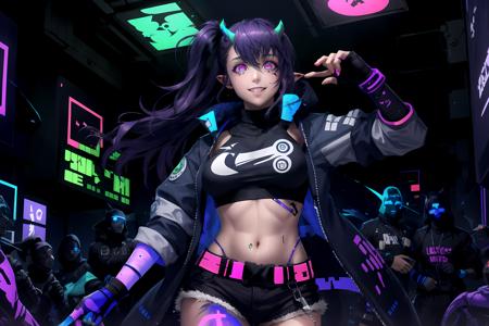 (masterpiece, best quality), leviathanstreet, glowing eyes, smile, city, night, cyberpunk, neon, (blacklight:1.35), graffiti <lyco:LeviathanV1:0.75> <lora:Blacklight_v1:1.3>