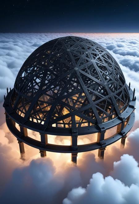 lazympos, megastructure made of forged carbon, dome, isometric, above clouds, glowing, night