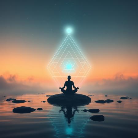 A serene meditation landscape with soft glowing lights, floating sacred geometry, calm water reflections, a meditating silhouette in lotus pose, surrounded by cosmic energy waves, ethereal mist, and gentle sunrise tones — cinematic lighting, ultra high definition, 16:9 aspect ratio, spiritual and peaceful atmosphere, modern and clean style"