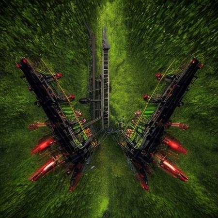 stretch, Sharp image, 4k, 8k, Detailed and Intricate, Cinematic, Dynamic Lighting, 
OverallDetail,  ultra detailed, ultra resolution, vault, no people, fully generated, amazing, beautiful, highest quality, normal situation, detailed technology, machinery, futuristic, perfect, green and black, red perfect, 4k definition, 2 images mirroring each other