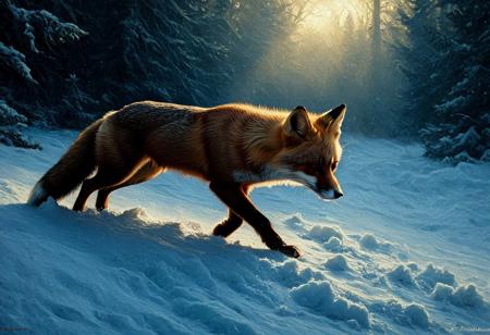 A masterful oil painting capturing a dynamic action shot in the style of a Frazetta masterpiece. A vibrant red fox is frozen mid-pounce in a snowy winter forest. It is captured vertically in the air, about to dive head-first into the deep snow after prey. The low winter sun creates a dramatic chiaroscuro with long shadows, while Aivazovsky-style light beams filter through the frosty trees. The deep snow is a canvas of thick, sculptural impasto brushstrokes. An abstract explosion of painterly snow particles erupts around the fox's snout. The atmosphere is energetic, primal, and breathtakingly beautiful.