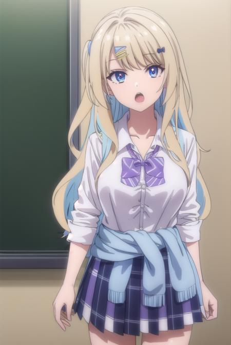 lunashirakawa, <lora:lunashirakawa-lora-nochekaiser:0.8>,
luna shirakawa, long hair, blue eyes, blonde hair, hair ornament, bow, multicolored hair, hairclip, <lora:talkmouth_O_v100:1>, open mouth, smile,
BREAK skirt, shirt, thighhighs, bow, school uniform, white shirt, pleated skirt, shoes, black thighhighs, bowtie, blue skirt, plaid, plaid skirt, loafers, purple bow, clothes around waist, gyaru, purple bowtie,
BREAK looking at viewer,
BREAK indoors, classroom, (cowboy shot:1.5),
BREAK <lyco:GoodHands-beta2:1>, (masterpiece:1.2), best quality, high resolution, unity 8k wallpaper, (illustration:0.8), (beautiful detailed eyes:1.6), extremely detailed face, perfect lighting, extremely detailed CG, (perfect hands, perfect anatomy),