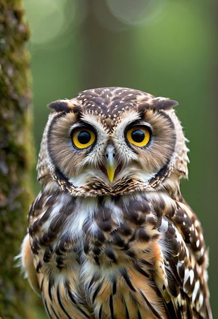 portrait, masterpiece, 4k, ray tracing, intricate details, highly detailed, hyper realistic, 8k RAW editorial photo.
an adorable little owl, head with a tilt and a slight blink. The owl's feathers should be soft and fluffy, the background should be a muted forest, dramatic light, shallow depth of field, high budget,