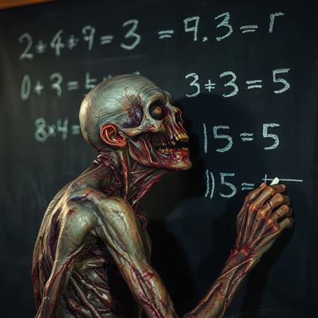 Photograph of a grotesque rotting zombie who is in the middle of chalking up a math problem on a blackboard, horror movie still, special effects, horror sfx, grindcore