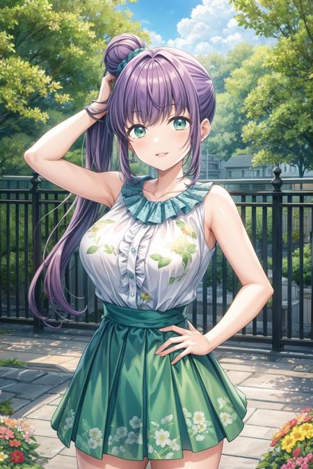 (masterpiece, best quality, ultra-detailed), (illustration), (beautiful detailed eyes), 1girl, solo,  otomune kozue, (cowboy shot:1.3), (purple hair:1.3), (side ponytail, side hair bun:1.5), green eyes, (long hair:1.5), <lora:KozueV2:0.55>, (mature face, parted lips, large hips, robust body, large breasts:1.2), BREAK (outdoors, greenary:1.1), BREAK (blue blouse, sleeveless, green miniskirt, flowers print:1.2), BREAK looking at viewer, smile, (better hands, perfect hands, five fingers), (standing), (arms support:1.3),  <lora:add_detail:0.7>,