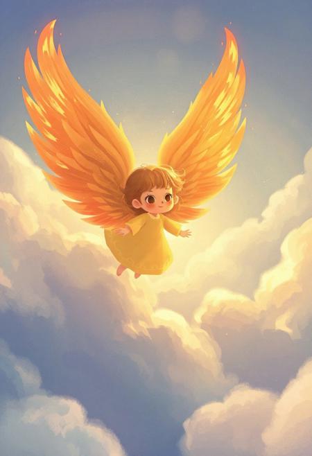 ChildBook,

An ethereal angel with huge, fiery wings soaring through a cloudy sky, the flames casting golden light on the clouds below.