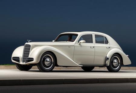 Luxury, elegant four-door sedan car with smooth lines, large wheels, distinctive front grille, and sleek retrofuturistic body design in side view, elongated body profile, prominent wheel arches in the style of the 30s of the 20th century, аrched roof line. On the French riviera.