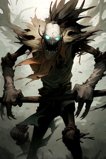 fiddlesticks holding a stick weapon, scarecrow,  1boy,male focus,torn clothes, legs,arms,hands, detailed face,  cowboy shot ,monster ,teeth ,glowing eyes ,claws, no humans , <lora:add_detail:0.2>, <lora:fiddlesticks-10:0.7>,