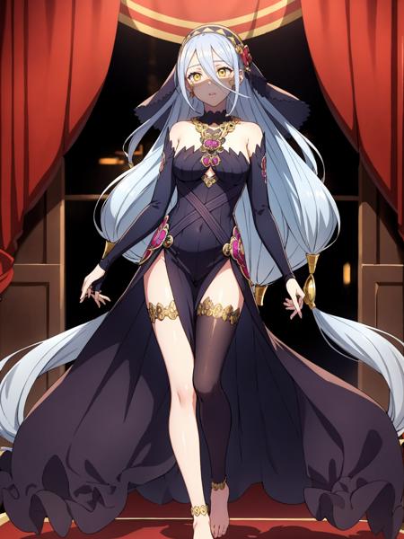 (extremely detailed CG), (best quality), 1girl, perfect face, absurdly long hair, bright pupils, (finely detailed beautiful eyes), yellow eyes, wide hips, narrow waist, AshuraPerformingArts, veil, mouth veil, elbow gloves, fingerless gloves, dress, jewelry, necklace, single leg pantyhose, anklet, thighlet, black background, cinematic lights, full body, depth of field, barefoot,  <lora:AshuraPerformingArts:0.65>