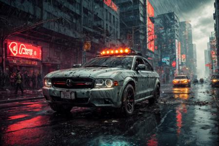 (RAW photo, 8k uhd, Analog style, Masterpiece, Best Quality, Highres:1.3), (dramatic, cinematic:1.2), BREAK,
movie shot of (ultra-detailed:1.1), (striped:1.3) (military:1.4) (cyberpunk:1.3) (battlecar:1.35) (armed with turret machine gun and grenade launchers:1.33) (rushing:1.3) through (cyberpunk city street:1.35), ((glossy:1.1) technological futuristic design:1.2), (drifting:1.3), (neon lights:1.1), (wet asphalt, reflections:1.2), (firing tires:1.35), (water splash, puddles:1.32), (debris:1.32), (steam:1.3), (frightened:1.1) (pedestrians:1.4), (bright day:1.15), (daytime:1.15) (cloudy sky, (rain:1.1):1.2), (skyscrapers:1.15), BREAK,
(photorealistic:1.2), (dutch angle:1.4), (light particles, colorful:1.2), (action movie scene, dynamic composition, fast, chasing:1.3), (motion blur, motion lines:1.3), (cyberpunk, science fiction, blockbuster, military vehicle, volumetric light:1.3), (daylight:1.2) (noir:0.5) (urban atmosphere, vehicle focus, cinematic tone, toxic, glowing, intricate, electricity, purple orange green color scheme, graffiti, (dust:1.1), no humans:1.2), BREAK,
<lora:more_details:1.0>,
<lora:zoom_slider_v1:2.0>