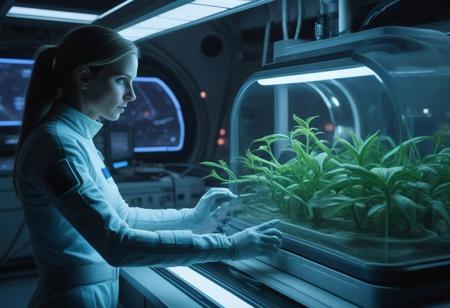 A dramatic, cinematic sci-fi scene featuring a female astronaut in a sleek, high-tech laboratory aboard a space station, carefully examining an alien plant encased in a containment tube. The plant has eerie, pulsating veins and emits a faint, otherworldly glow. She interacts with a holographic interface, scanning the organism with sophisticated tools while data streams in real-time on floating screens. The lab is dimly lit, illuminated by the soft glow of computer monitors and bioluminescent samples. A sense of mystery and tension lingers in the air, hinting at the unknown dangers of studying extraterrestrial life. 
