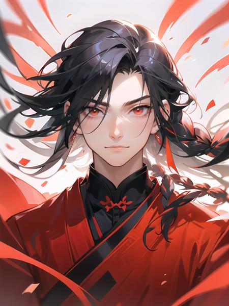 solo, looking at viewer, male focus, 1boy, braid, petals, portrait, wind, black hair, long hair, brown eyes, closed mouth, floating hair, red eyes, chinese clothes, lips, single braid, jewelry<lora:guofengnan:0.6>,