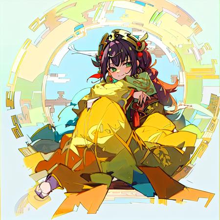 (masterpiece,best quality,ultra-detailed)), 1girl, shushou, solo, looking at viewer, smile, hair ornament, jewelry, headdress, sitting,   <lora:shushou_v1.530-000004:1>