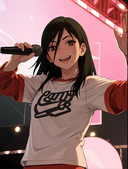 (exceptional, best aesthetic, new, newest, best quality, masterpiece, extremely detailed), minamimaho, looking_at_viewer, grin, holding_microphone, stage, white_shirt, red_sleeves