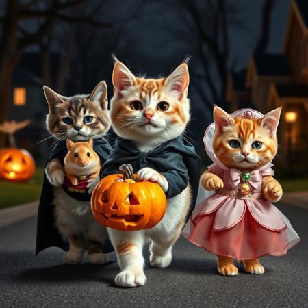 Ultra realistic. white grey brown happy cat with a vampire costume, a small hamster with hero costume,  a orange cat on a princess costume carring a carved pumpkin with candies,  walking on a suburban street, trick or treating houses, midnight light, shadows of real monsters behind them