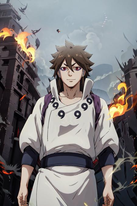 Indra, masterpiece, best quality, 1boy, brown hair, long ponytail, red eyes, short eyebrows, upper body, white outfit, sheathed sword, walking, destruction, debris, city, apocalypse, standing, smile, (purple aura), outdoors, gray sky, smoke, fire <lora:indra:1>