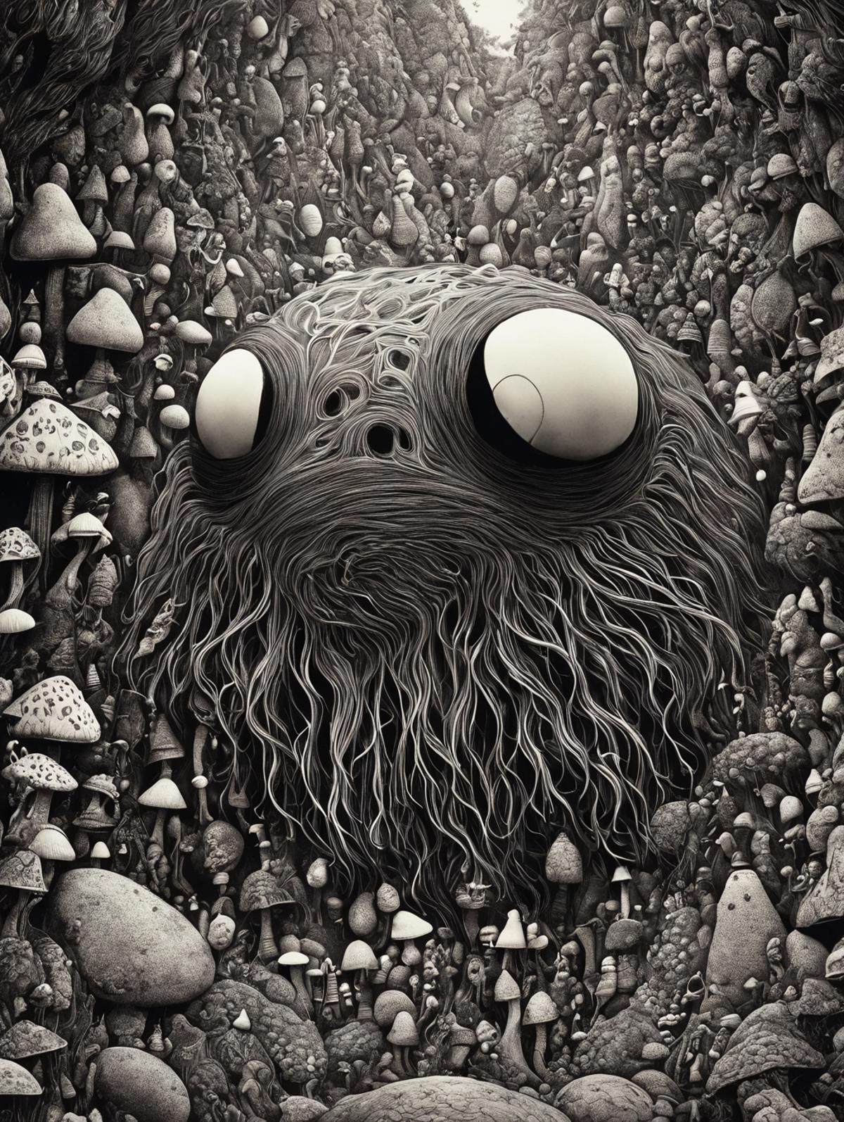 A cartoon drawing of a creature with a large eye, surrounded by a dense forest of mushrooms and rocks.