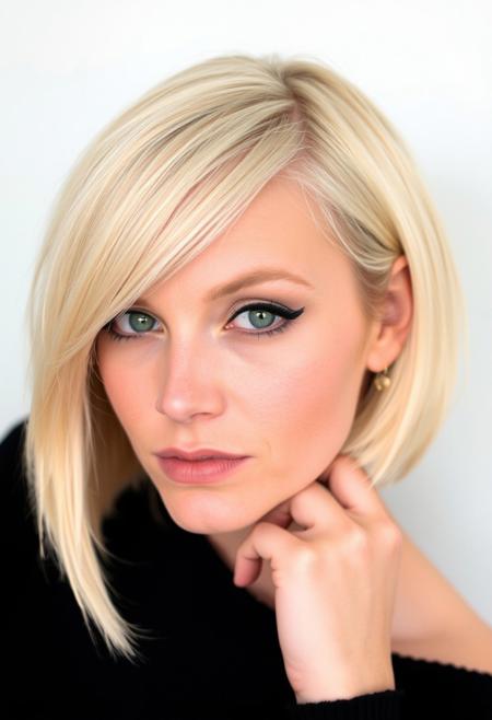 woman, blonde bobcut hair, parted half hair, green and blue eyes, eyeliner