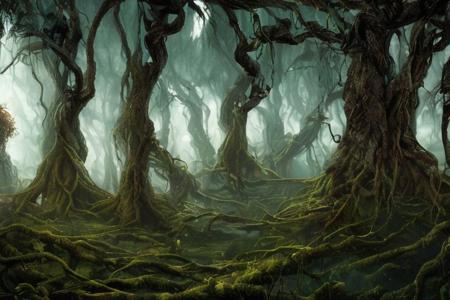 "A shadowy forest in the depths of Mirkwood, where ancient trees twist and coil like gnarled fingers reaching for the sky, and whispered voices echo through the darkness, as brave adventurers navigate treacherous paths in search of the Elvenking's halls. Foreboding, mysterious, eerie, perilous, tangled, ancient."
FanLan