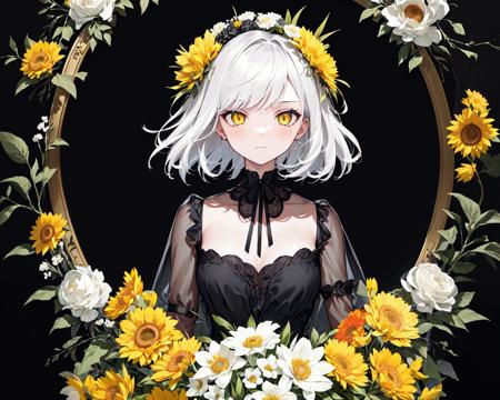 (best quality, masterpiece), (1girl, solo, black suit, standing , looking at viewer, white hair, yellow eyes, closed mouth, upper body), (giant black bouquet background, floral_background)