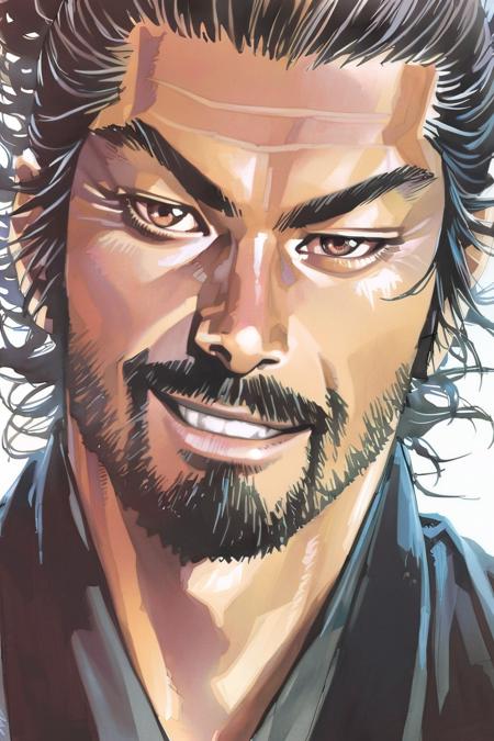 takehiko style, 1boy, male focus, facial hair, solo, beard, traditional media, portrait, mustache, realistic, smile, grin, looking at viewer, manly, old, old man, brown eyes