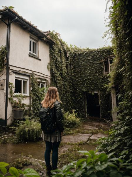 RAW photo, young european girl standing (back to  the viewer) in front of a (desolated, moos overgrown house)) in ((frightening apocalyptic overgrown city)), plant covered crumbling houses, overgrown traffic lights, destroyed cars full of plants, and a cursed painting bringing bad luck to its owner  ((night light, storm, rain)), (high detailed skin:1.2), 8k uhd, dslr, soft lighting, high quality, film grain, Fujifilm XT3