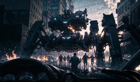 8k wallpaper, masterpiece,Cinematic Lighting, best quality,Illustration,detailed face depiction,dramatic angle,solo,
mecha \\\(flegs\\\),  mecha,robot,rain,(birge:1.4),dark,night, outdoors, car, weapon, fire, people,science fiction, snowing, gun, 6+boys, city,