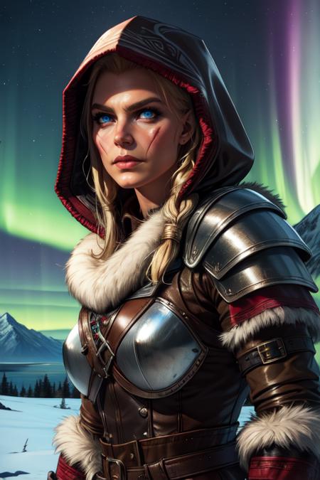 Eivor, scar on face,blonde hair,  serious,  blonde hair,  hair to side,  blue eyes, 
armor , leather armor, fur trim,jewelry,  hood down,  
upper body, standing,  looking at viewer,  
northern lights, mountains, cold, 
(insanely detailed, beautiful detailed face, masterpiece, beautiful detailed eyes, best quality) 
 <lora:Eivor-10v6:0.7>