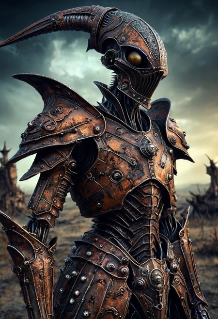 DonMX3n0XL, xeno Don Quixote , rusted armour, portrait, surreal, masterpiece, detailed, high quality,highly detailed,Realistic, photo_RAW, masterpiece, best quality, absurdres,