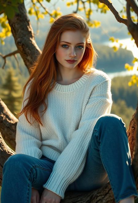 A surreal and hyper-realistic scene featuring a classical beauty with beautiful ginger hair, wearing blue jeans and a white jumper. The intricate details of her attire are highlighted, set against a dreamy, ethereal lake background. The scene is illuminated with soft, magical lighting, enhancing the otherworldly and enchanting atmosphere, sitting in a tree overlooking the forest and lake. It is sunny.
surreal, hyper-realistic, classical beauty, blue jeans, white cozy jumper, beautiful (deep dark brown) eyes, pale white skin, pale skin, intricate details, dreamy background, ethereal, warm magical lighting, warm lighting, enchanting, visually stunning, high quality, detailed, sharp clarity, breathtaking, elegant, graceful, relaxed, small gentle smile, cute, redhead, sexy, cute hairstyle, 
looking at viewer, long hair, pretty girl, small medium breasts, beautiful girl,