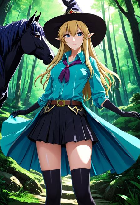 A masterpiece anime image of a dark fantasy forest with a black unicorn 
BREAK
Mid shot anime of a witch 1girl with long blonde hair, blue and turquoise silk cut shirt, skirt, wide witch hat, shot from the front below, looking at the camera, embellished expression, petting a black unicorn, expressive, detailed eyes iris
BREAK
AMAZINGLY DETAILED, ultra detailed, aesthetic high resolution, high quality, Legend of Zelda style, Ghibli style, anime, Cowboy bebop style
