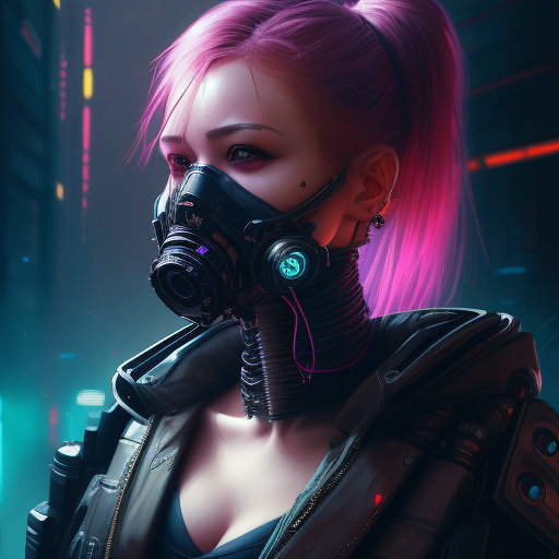 beautiful female assassin wearing cyberpunk clothing, respirator, cybernetic respirator, (detailed portrait), cell shaded,...